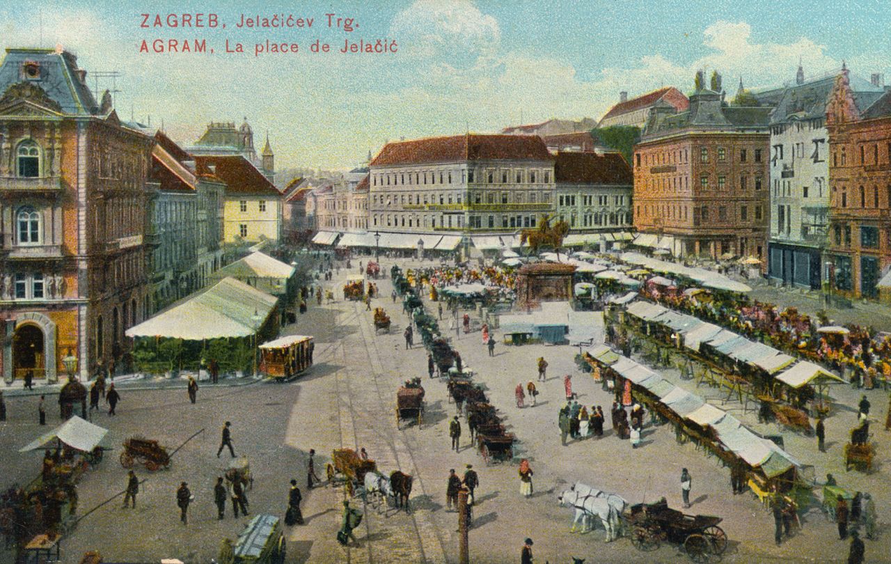 Trg bana Jelačića, oko 1905. godine, kolorirana razglednica